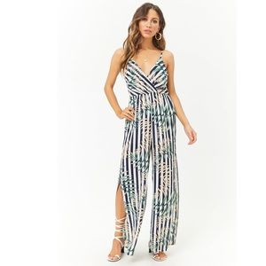 Forever 21 Striped Leaf Print Cami Jumpsuit